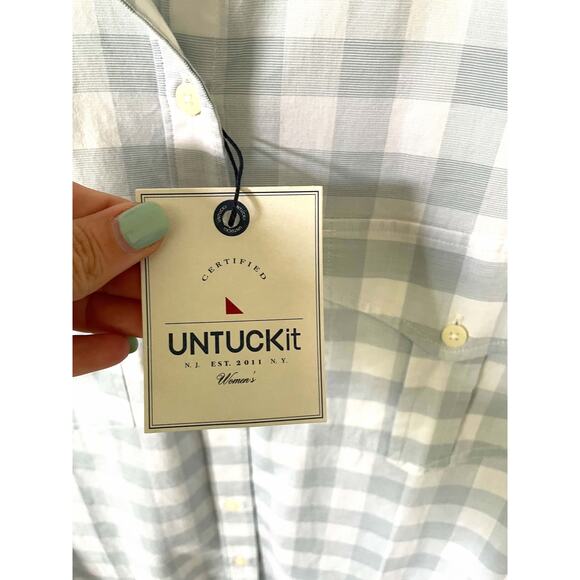 UNTUCKit Plaid Button Down Collared Blouse Shirt Light Blue White Size 0 NEW - Picture 6 of 10
